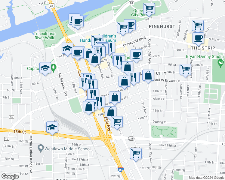 map of restaurants, bars, coffee shops, grocery stores, and more near 919 Greensboro Avenue in Tuscaloosa