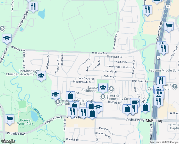 map of restaurants, bars, coffee shops, grocery stores, and more near 701 Austin Lane in McKinney