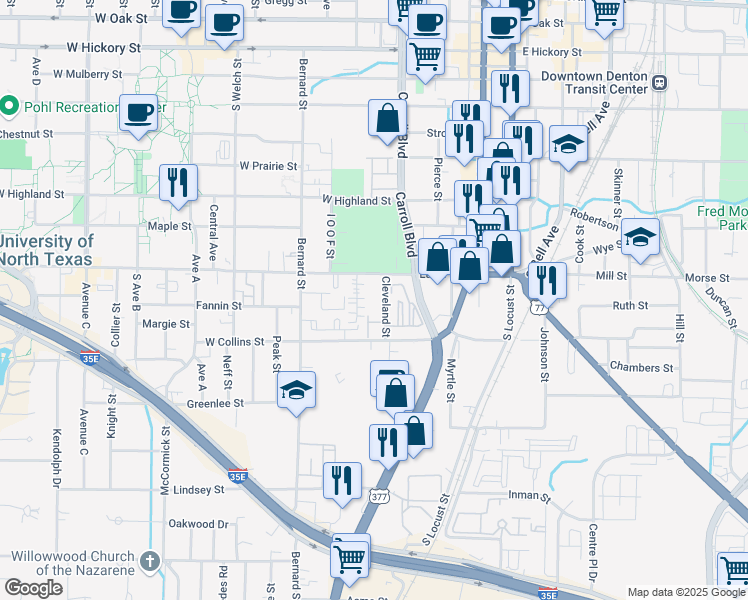map of restaurants, bars, coffee shops, grocery stores, and more near 922 Cleveland Street in Denton