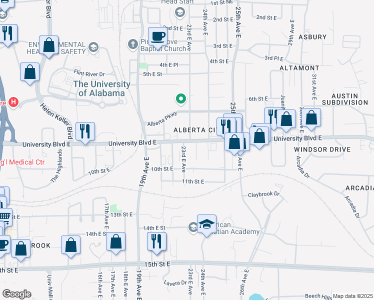 map of restaurants, bars, coffee shops, grocery stores, and more near 923 23rd Avenue East in Tuscaloosa