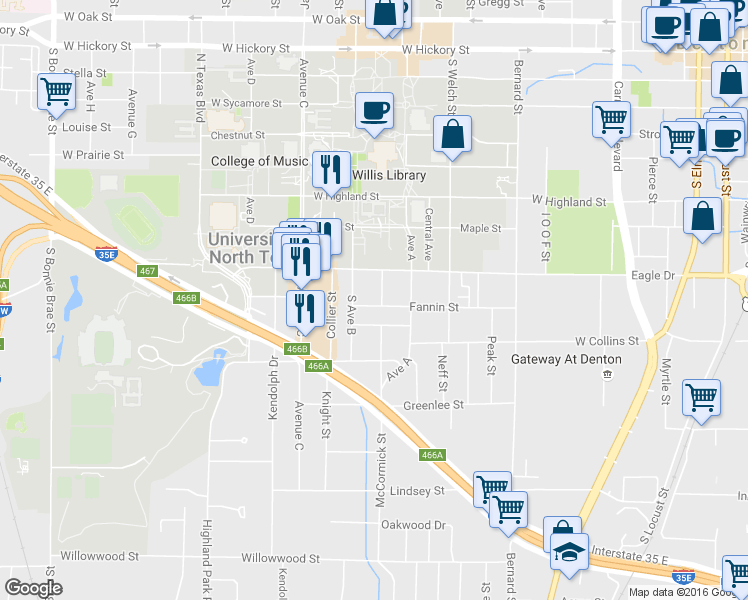 map of restaurants, bars, coffee shops, grocery stores, and more near 920 McCormick St in Denton