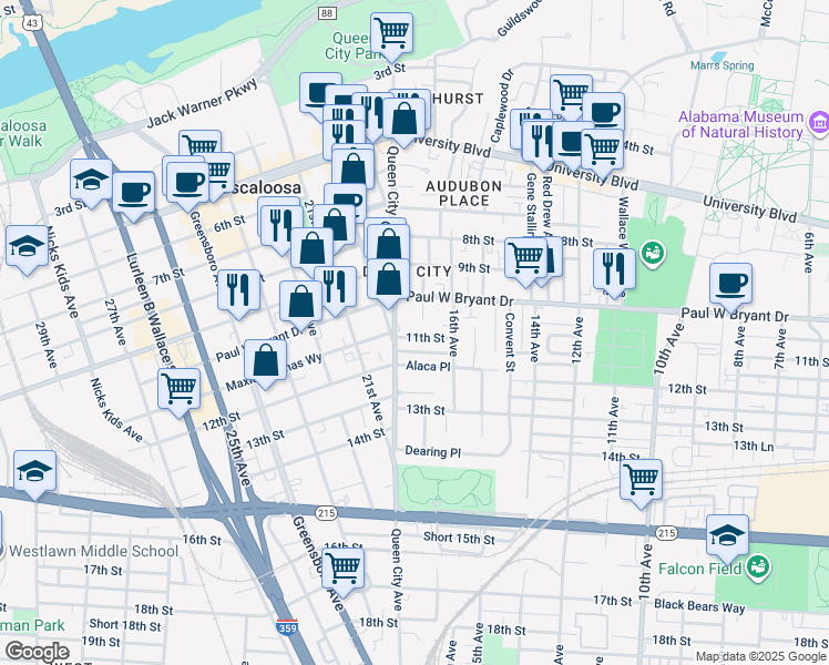 map of restaurants, bars, coffee shops, grocery stores, and more near 1616 11th Street in Tuscaloosa