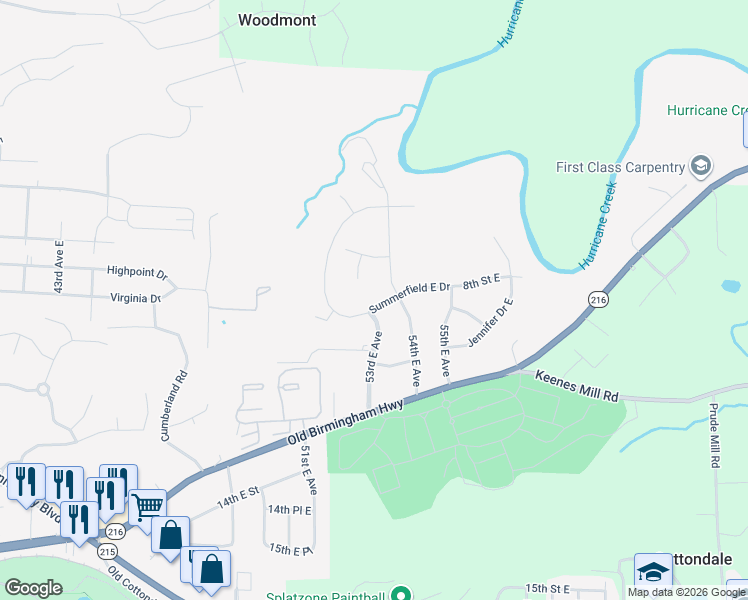 map of restaurants, bars, coffee shops, grocery stores, and more near 5310 Summerfield East Drive in Tuscaloosa