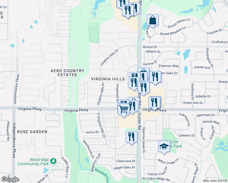 map of restaurants, bars, coffee shops, grocery stores, and more near 9109 Norfolk Lane in McKinney