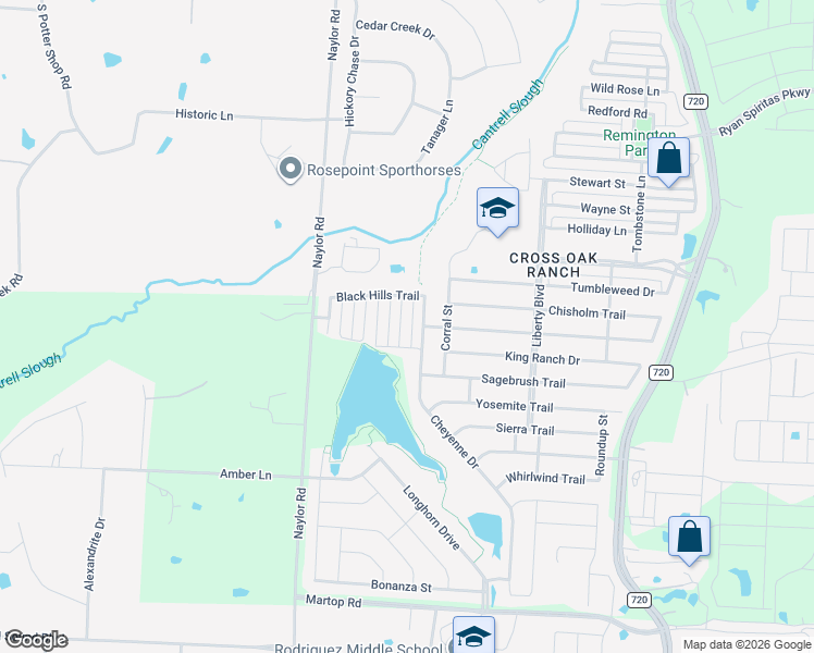 map of restaurants, bars, coffee shops, grocery stores, and more near 609 Pawnee Street in Aubrey