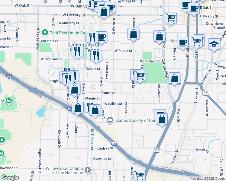 map of restaurants, bars, coffee shops, grocery stores, and more near 930 South Welch Street in Denton