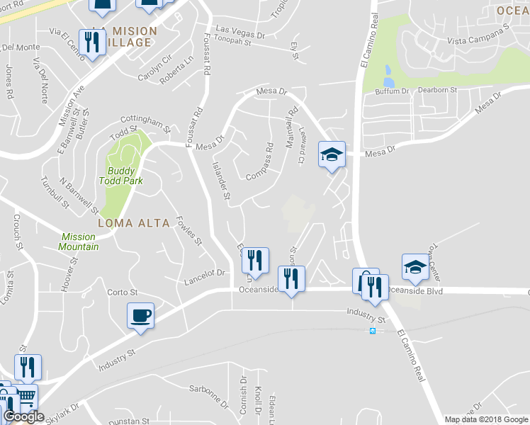 map of restaurants, bars, coffee shops, grocery stores, and more near 3553 Voyager Court in Oceanside