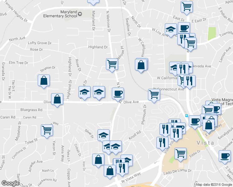 map of restaurants, bars, coffee shops, grocery stores, and more near 510 North Melrose Drive in Vista