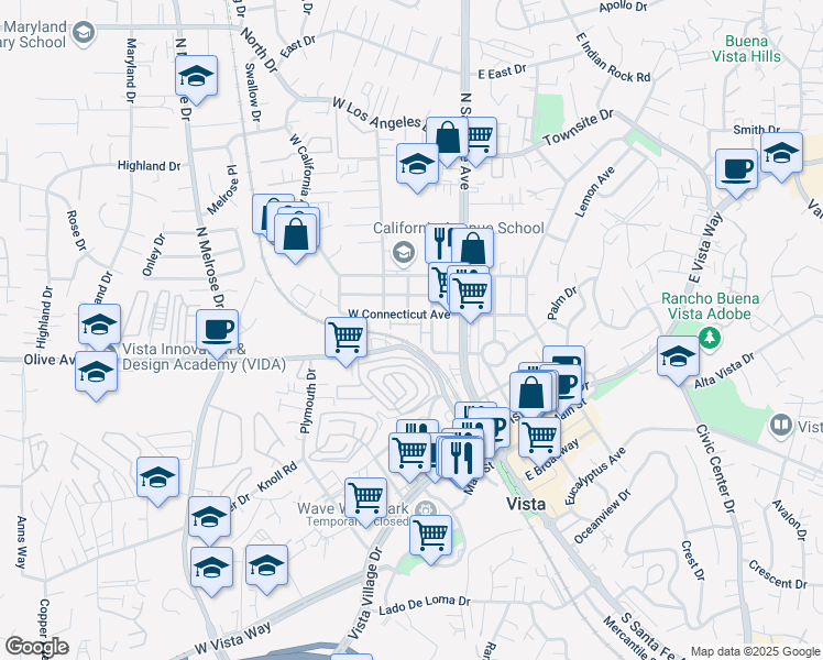 map of restaurants, bars, coffee shops, grocery stores, and more near 238 Calle del Sol in Vista