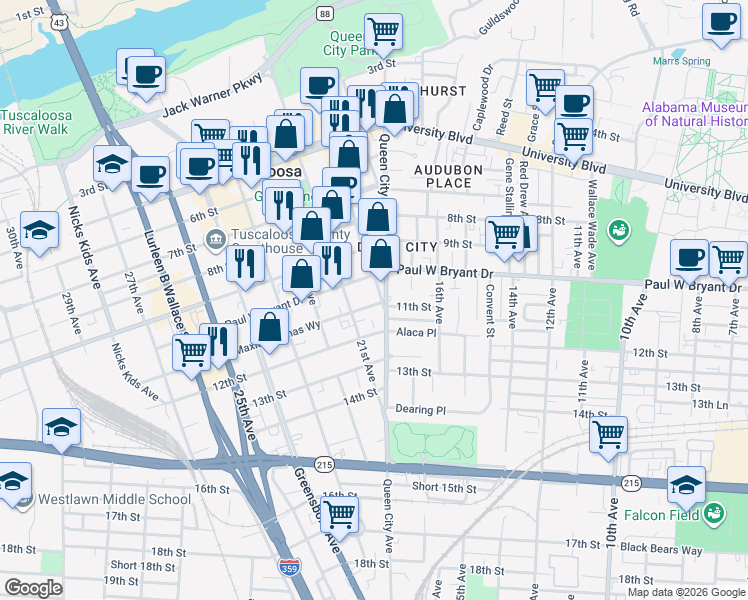 map of restaurants, bars, coffee shops, grocery stores, and more near 2007 11th Street in Tuscaloosa