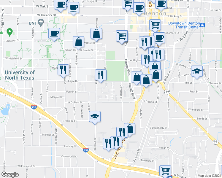 map of restaurants, bars, coffee shops, grocery stores, and more near 911 Bernard Street in Denton