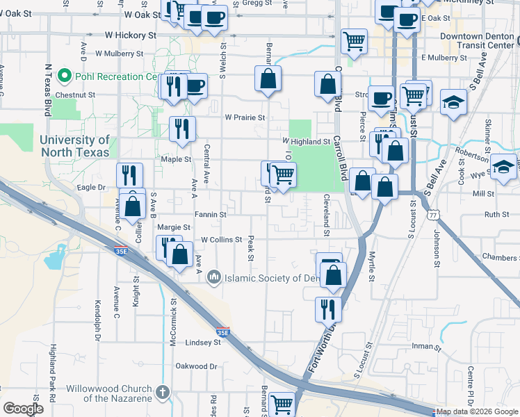 map of restaurants, bars, coffee shops, grocery stores, and more near 954 Bernard Street in Denton
