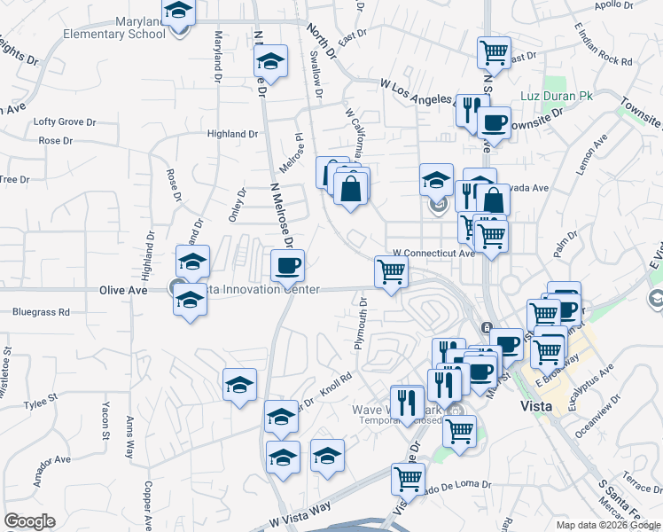 map of restaurants, bars, coffee shops, grocery stores, and more near 527 Olive Avenue in Vista
