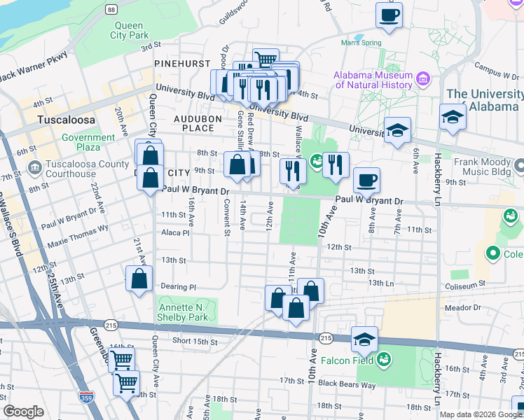 map of restaurants, bars, coffee shops, grocery stores, and more near 1 University Cir in Tuscaloosa