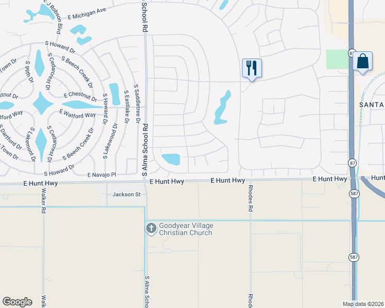 map of restaurants, bars, coffee shops, grocery stores, and more near 26440 South Foxglenn Drive in Sun Lakes