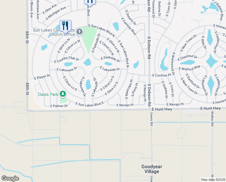 map of restaurants, bars, coffee shops, grocery stores, and more near 9336 East Sun Lakes Boulevard South in Sun Lakes