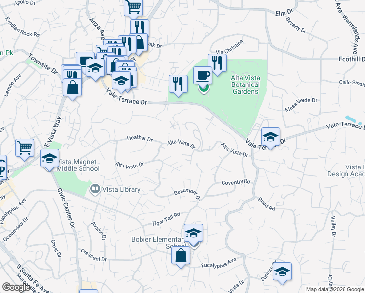 map of restaurants, bars, coffee shops, grocery stores, and more near 1221 Alta Vista Drive in Vista