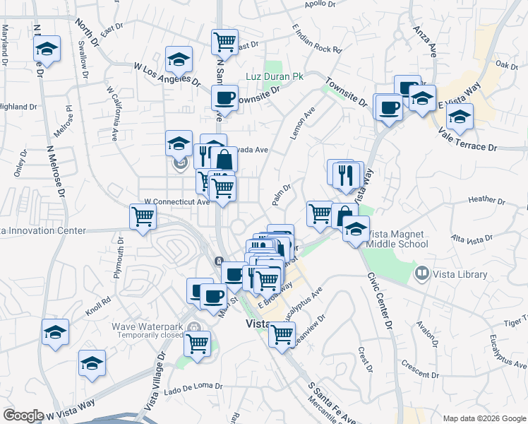 map of restaurants, bars, coffee shops, grocery stores, and more near 333 North Citrus Avenue in Vista
