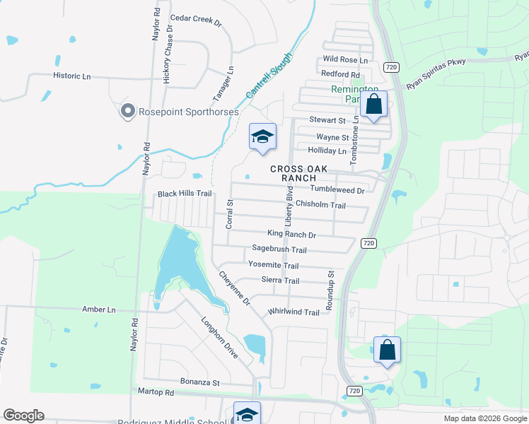 map of restaurants, bars, coffee shops, grocery stores, and more near 8633 Wagon Trail in Cross Roads