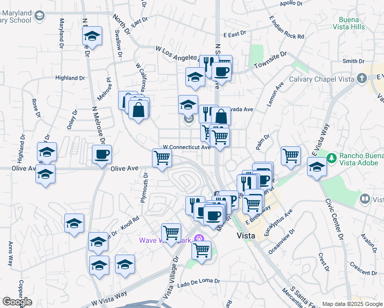 map of restaurants, bars, coffee shops, grocery stores, and more near 247 Calle del Sol in Vista