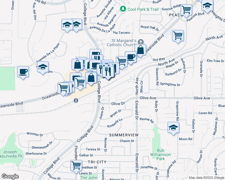 map of restaurants, bars, coffee shops, grocery stores, and more near 4215 Esperanza Way in Oceanside