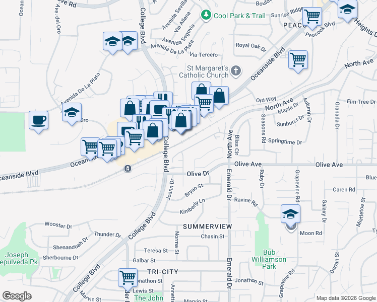map of restaurants, bars, coffee shops, grocery stores, and more near 4215 Esperanza Way in Oceanside