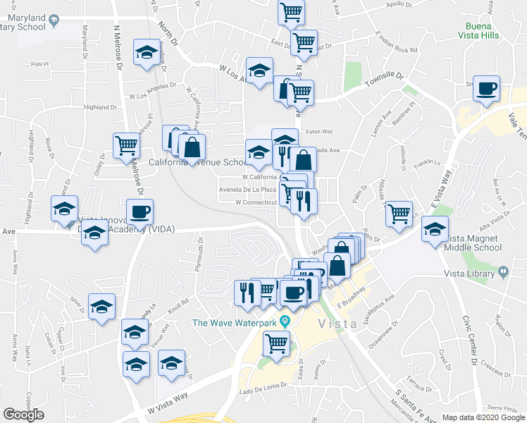 map of restaurants, bars, coffee shops, grocery stores, and more near 414 Avenida de la Luna in Vista