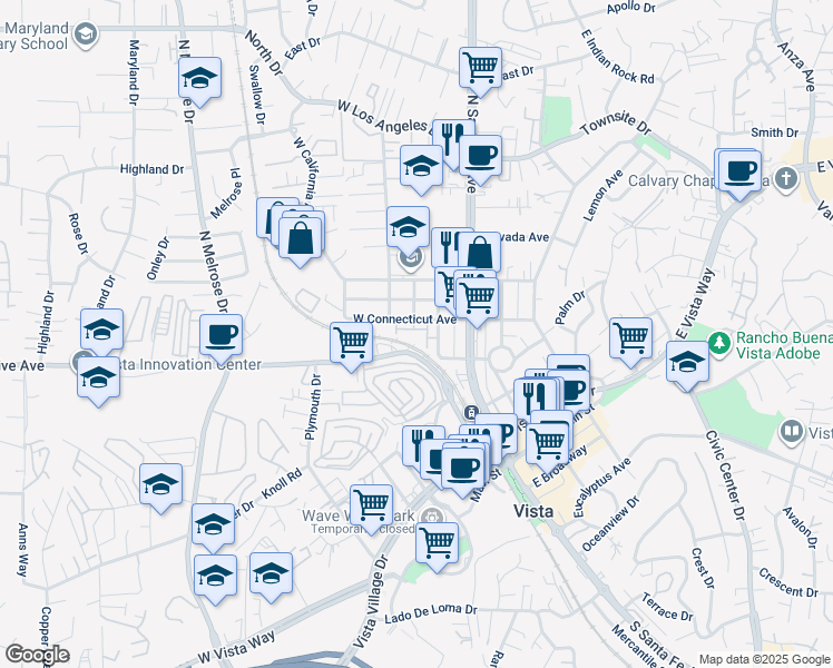 map of restaurants, bars, coffee shops, grocery stores, and more near 430 Caminito Azul in Vista