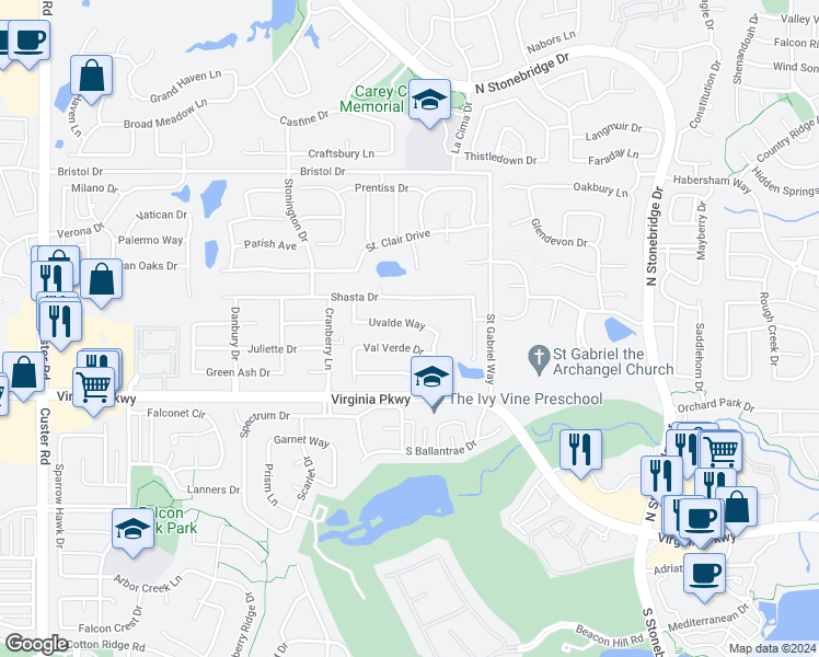 map of restaurants, bars, coffee shops, grocery stores, and more near 7617 Uvalde Way in McKinney