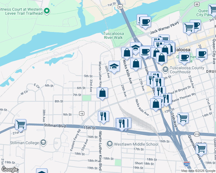 map of restaurants, bars, coffee shops, grocery stores, and more near 3001 7th Street in Tuscaloosa