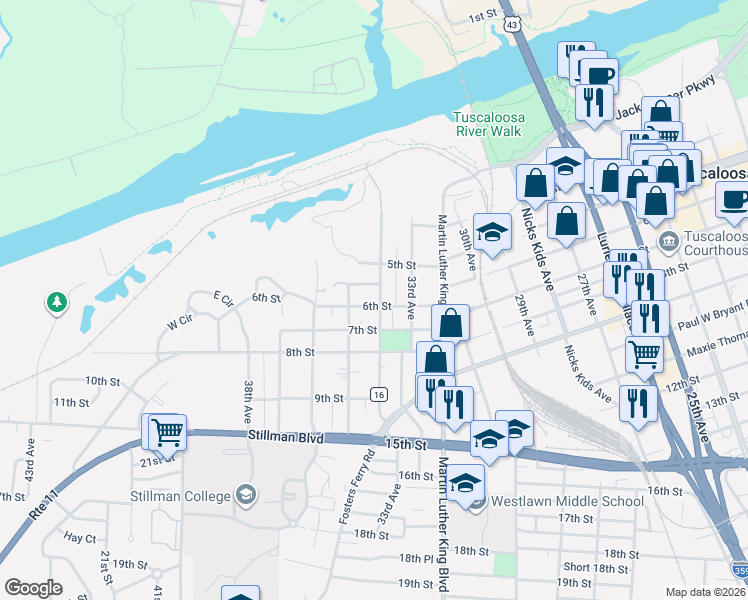 map of restaurants, bars, coffee shops, grocery stores, and more near 3404 6th St in Tuscaloosa