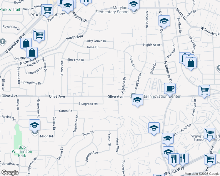 map of restaurants, bars, coffee shops, grocery stores, and more near 723 Bonita Drive in Vista