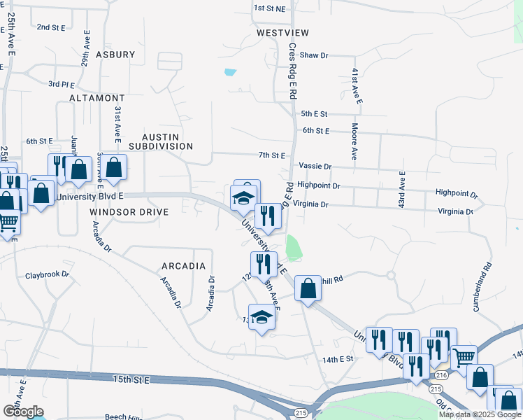 map of restaurants, bars, coffee shops, grocery stores, and more near 928 Crescent Ridge East Road in Tuscaloosa