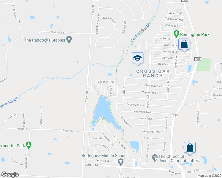 map of restaurants, bars, coffee shops, grocery stores, and more near Pawnee Street in Aubrey