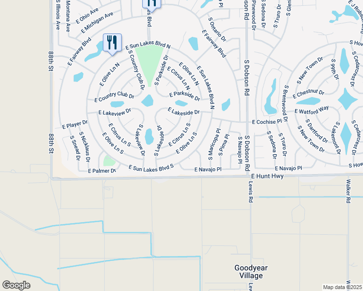 map of restaurants, bars, coffee shops, grocery stores, and more near 9308 East Olive Lane South in Sun Lakes