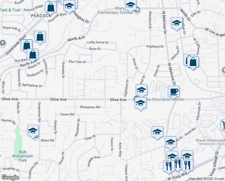 map of restaurants, bars, coffee shops, grocery stores, and more near 723 Bonita Drive in Vista