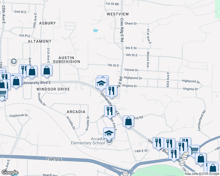 map of restaurants, bars, coffee shops, grocery stores, and more near 928 Crescent Ridge Road East in Tuscaloosa