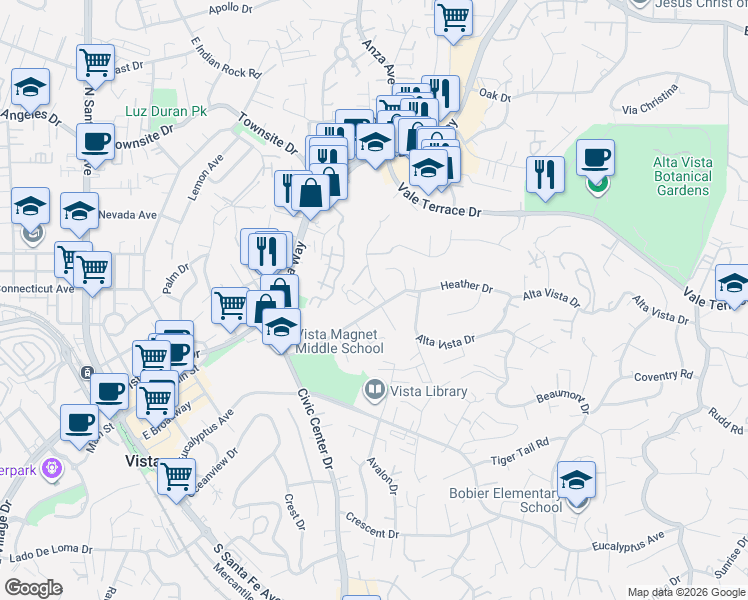 map of restaurants, bars, coffee shops, grocery stores, and more near in Vista