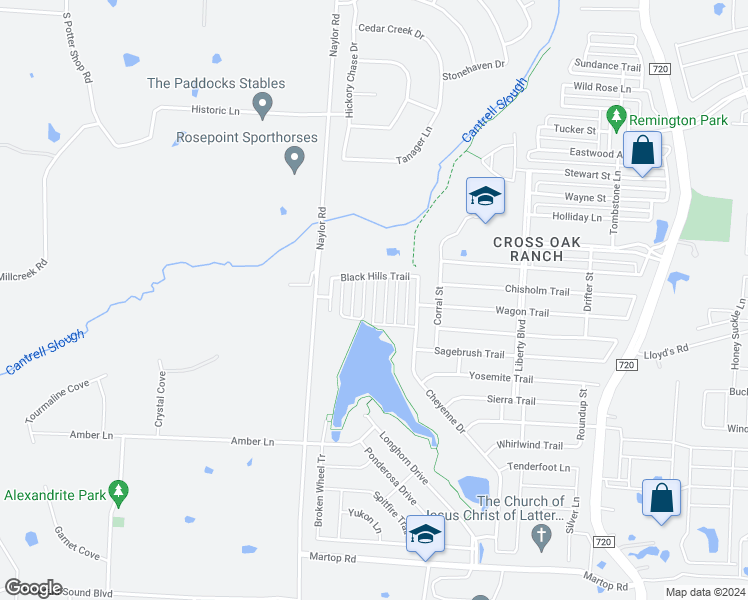 map of restaurants, bars, coffee shops, grocery stores, and more near Wounded Knee Drive in Cross Roads