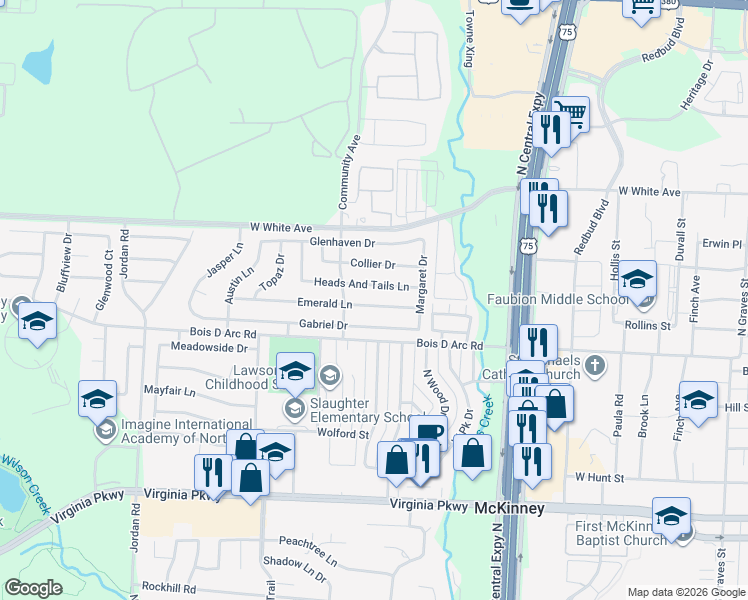 map of restaurants, bars, coffee shops, grocery stores, and more near 2408 Emerald Lane in McKinney