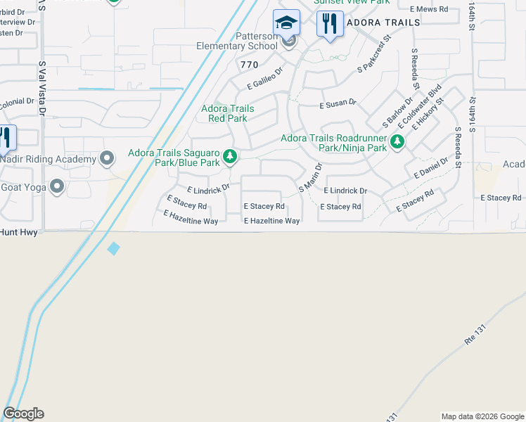 map of restaurants, bars, coffee shops, grocery stores, and more near 2193 East Stacey Road in Gilbert