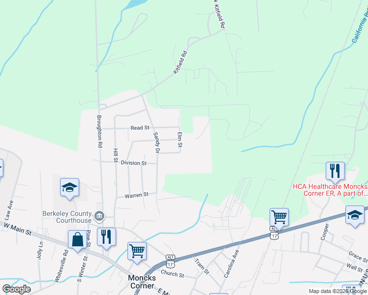 map of restaurants, bars, coffee shops, grocery stores, and more near 110 Birch Street in Moncks Corner