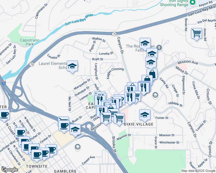 map of restaurants, bars, coffee shops, grocery stores, and more near 1626 East Higgins Street in Oceanside