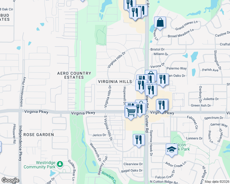 map of restaurants, bars, coffee shops, grocery stores, and more near 9221 Norfolk Lane in McKinney