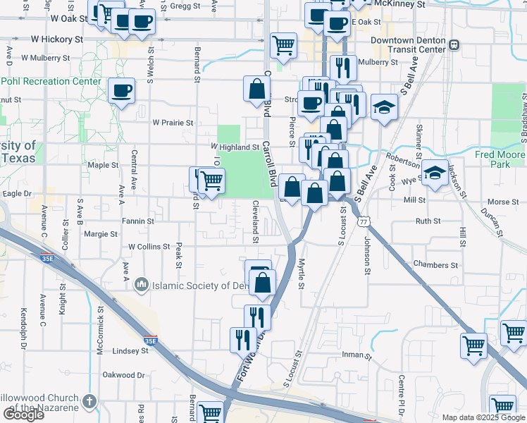 map of restaurants, bars, coffee shops, grocery stores, and more near 905 Cleveland Street in Denton