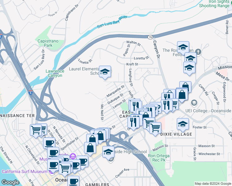 map of restaurants, bars, coffee shops, grocery stores, and more near 1439 Dubuque Street in Oceanside