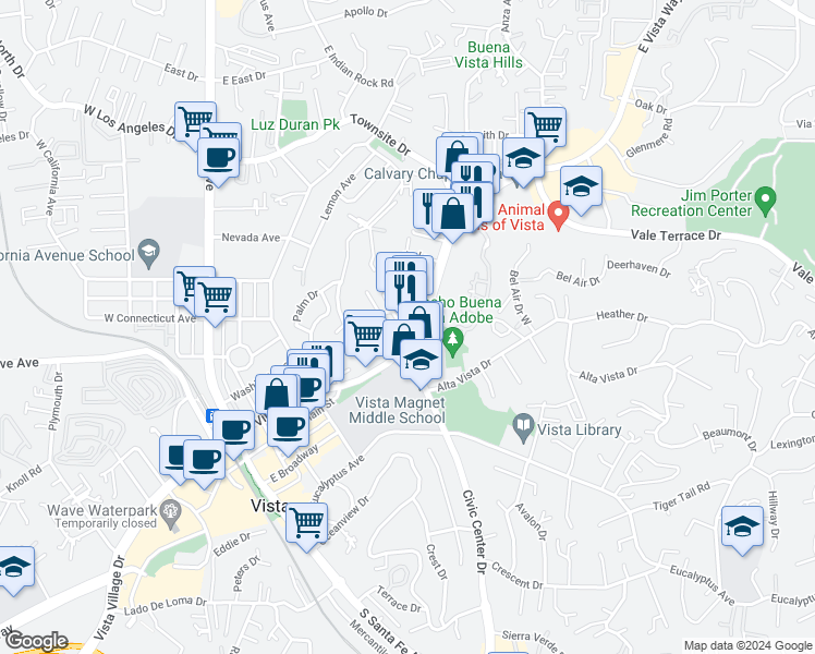 map of restaurants, bars, coffee shops, grocery stores, and more near 604 East Vista Way in Vista