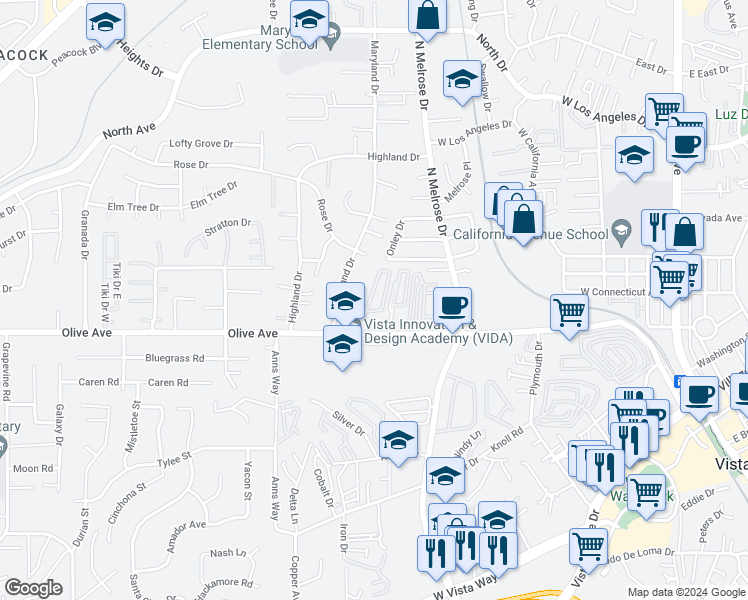map of restaurants, bars, coffee shops, grocery stores, and more near 809 Olive Avenue in Vista