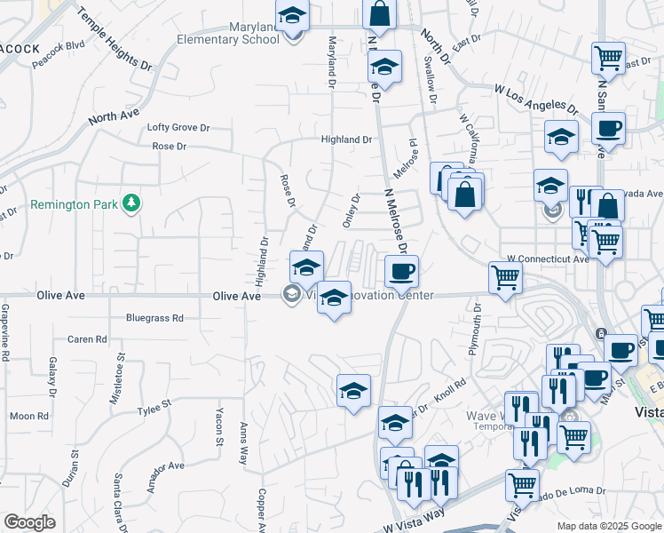 map of restaurants, bars, coffee shops, grocery stores, and more near 809 Olive Avenue in Vista