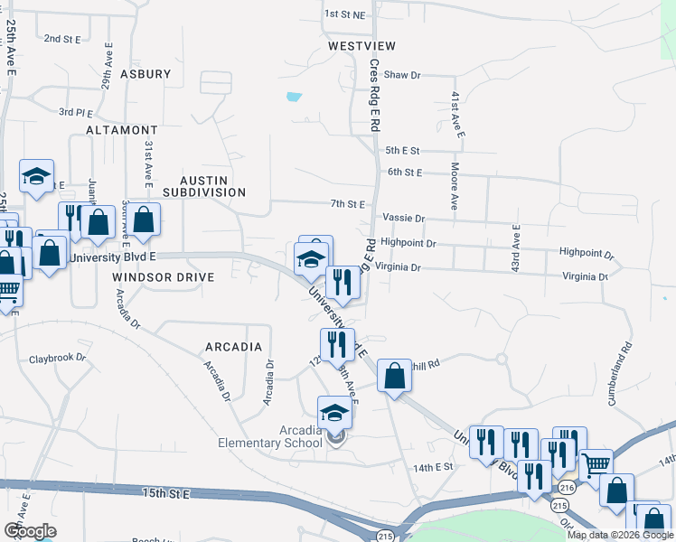 map of restaurants, bars, coffee shops, grocery stores, and more near 922 Crescent Ridge East Road in Tuscaloosa